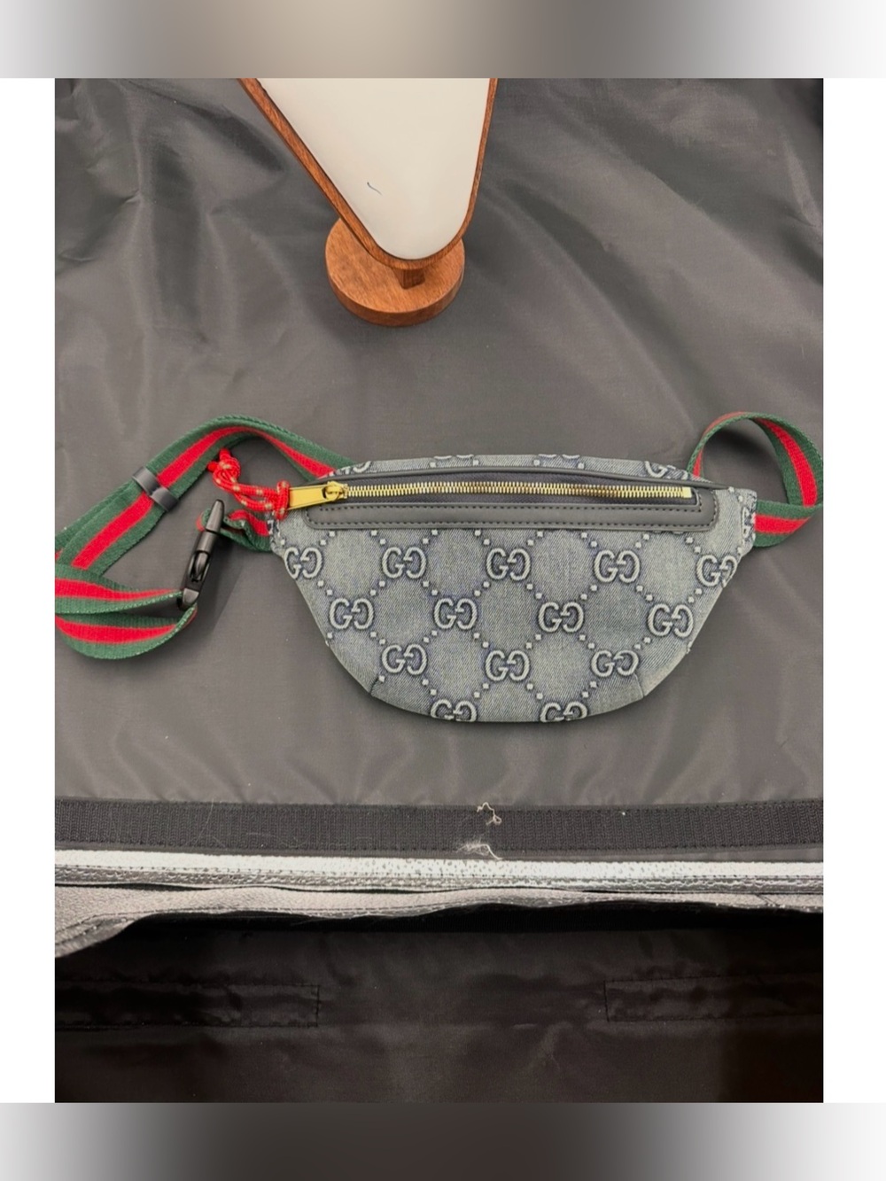 Source Unknown Gray GG Denim Belt Bag with Red-Green Web Strap